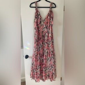 ASTR Pink Tan Floral Flowy Boho Fairy Peasant Tiered Maxi Wedding Dress Medium